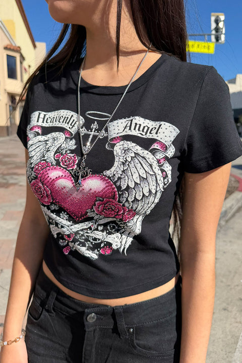 Y2K McBling Heavenly Angel Rhinestone Print Short Sleeve Crop Top