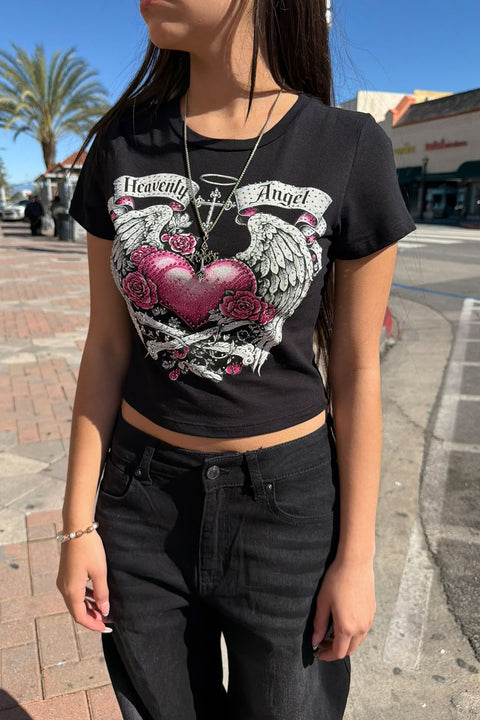 Y2K McBling Heavenly Angel Rhinestone Print Short Sleeve Crop Top