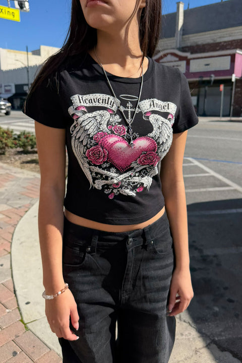 Y2K McBling Heavenly Angel Rhinestone Print Short Sleeve Crop Top