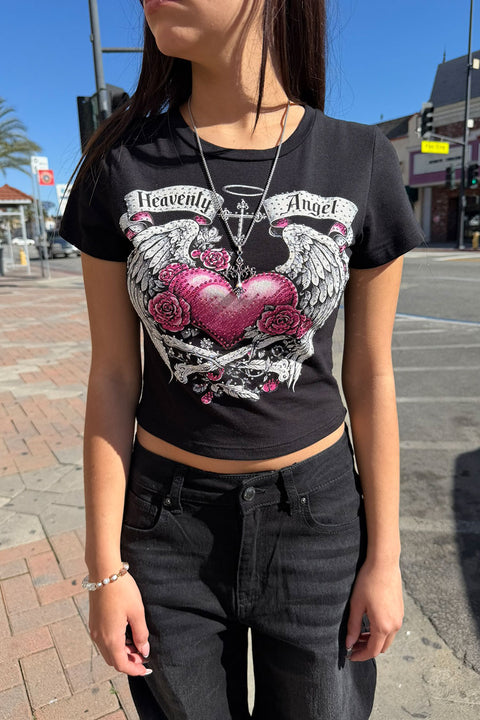 Y2K McBling Heavenly Angel Rhinestone Print Short Sleeve Crop Top