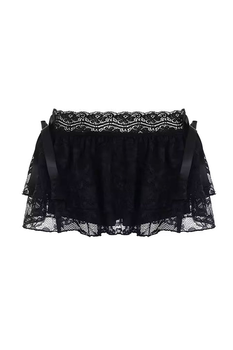 Romantic Goth Low-Rise Lace-Tiered Ruffle Mini Skirt with Built-In Shorts