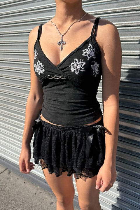Romantic Goth Low-Rise Lace-Tiered Ruffle Mini Skirt with Built-In Shorts