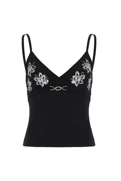 Romantic Goth Flower Print Deep V-Neck Chain Detail Cami Tank Top