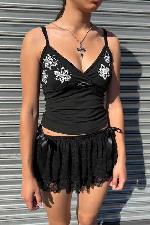 Romantic Goth Flower Print Deep V-Neck Chain Detail Cami Tank Top