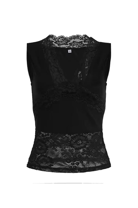 Romantic Goth Lace Block V-Neck Sleeveless Top