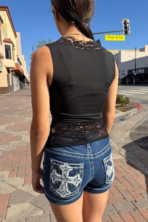 Romantic Goth Lace Block V-Neck Sleeveless Top