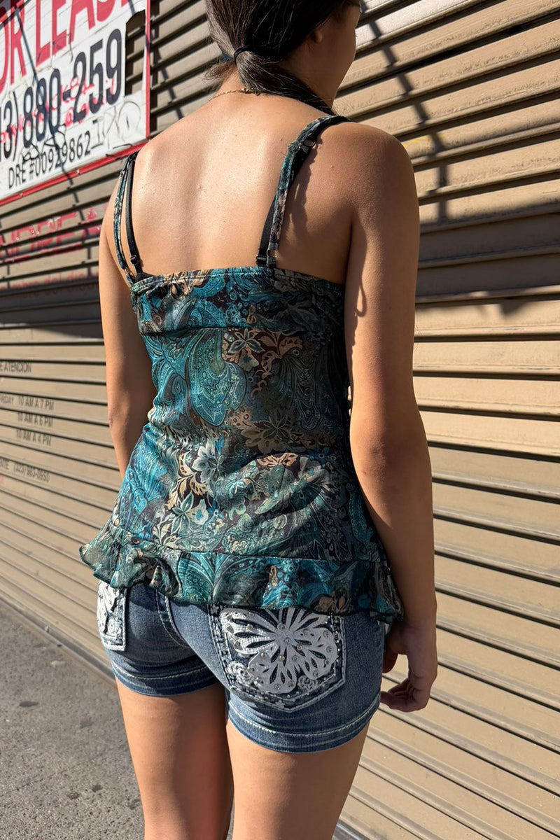 2000s Vintage Print Mesh V-Neck Layered Cami Top with Front Bow Tie ...