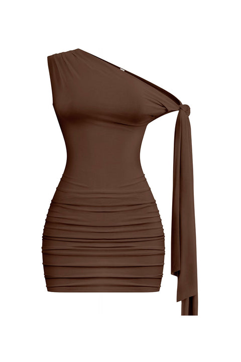 Tresser™ Off Shoulder Ruched Side Sash Tie Mini Bodycon Dress