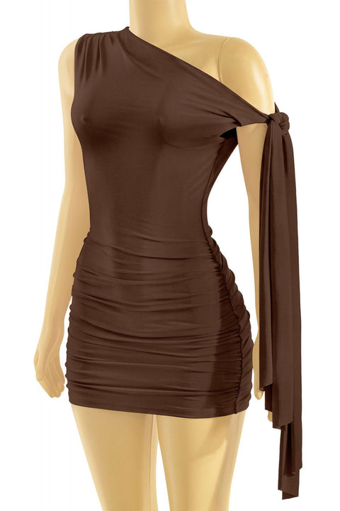 Tresser™ Off Shoulder Ruched Side Sash Tie Mini Bodycon Dress