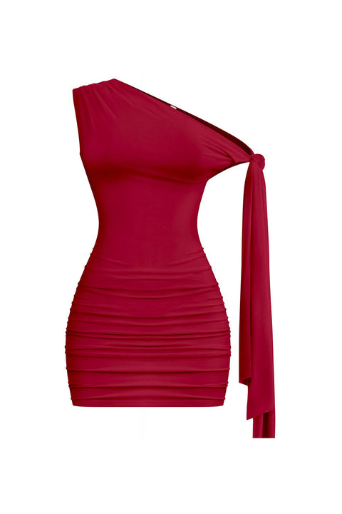 Tresser™ Off Shoulder Ruched Side Sash Tie Mini Bodycon Dress