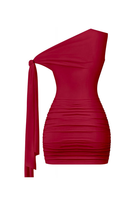 Tresser™ Off Shoulder Ruched Side Sash Tie Mini Bodycon Dress
