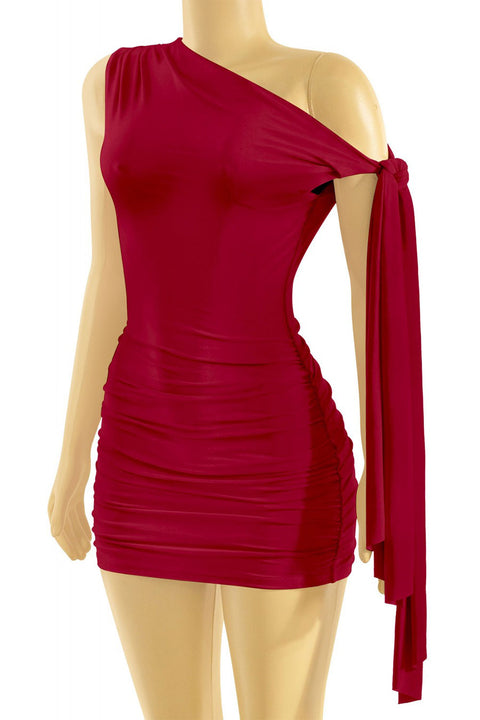 Tresser™ Off Shoulder Ruched Side Sash Tie Mini Bodycon Dress