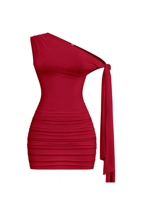 Tresser™ Off Shoulder Ruched Side Sash Tie Mini Bodycon Dress