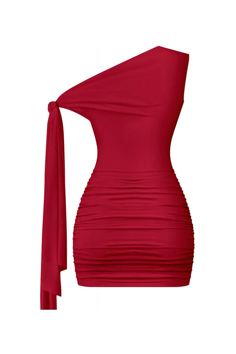Tresser™ Off Shoulder Ruched Side Sash Tie Mini Bodycon Dress