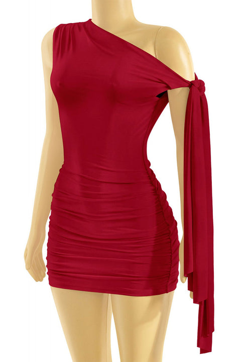 Tresser™ Off Shoulder Ruched Side Sash Tie Mini Bodycon Dress