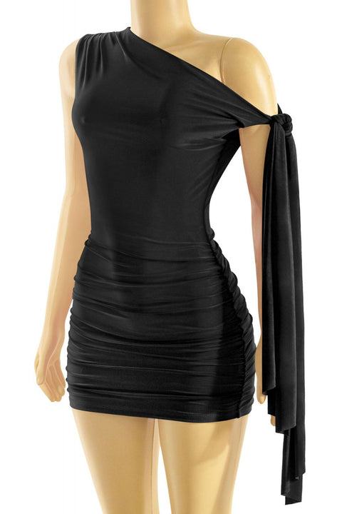 Tresser™ Off Shoulder Ruched Side Sash Tie Mini Bodycon Dress