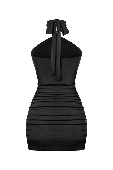 Tresser™ Sleveless Metal Buckle Halter Neck Ruched Mini Bodycon Dress