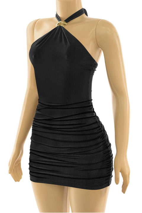Tresser™ Sleveless Metal Buckle Halter Neck Ruched Mini Bodycon Dress
