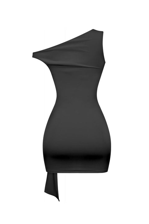 Tresser™ Asymmetric Off Shoulder Drape Metal Buckle Sash Belt Mini Bodycon Dress
