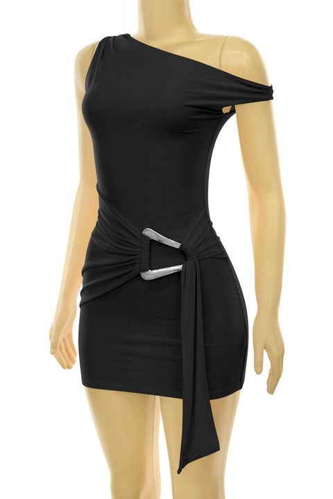 Tresser™ Asymmetric Off Shoulder Drape Metal Buckle Sash Belt Mini Bodycon Dress