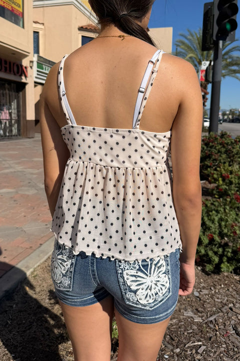 2000s Polka Dot Mesh Boho Baby Doll Flowy Bow Tie Cami Top