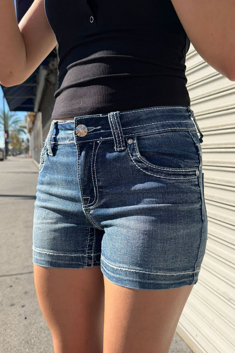 2000s Bedazzled Rhinestone Cross Patch Denim Shorts with Destruction Detail