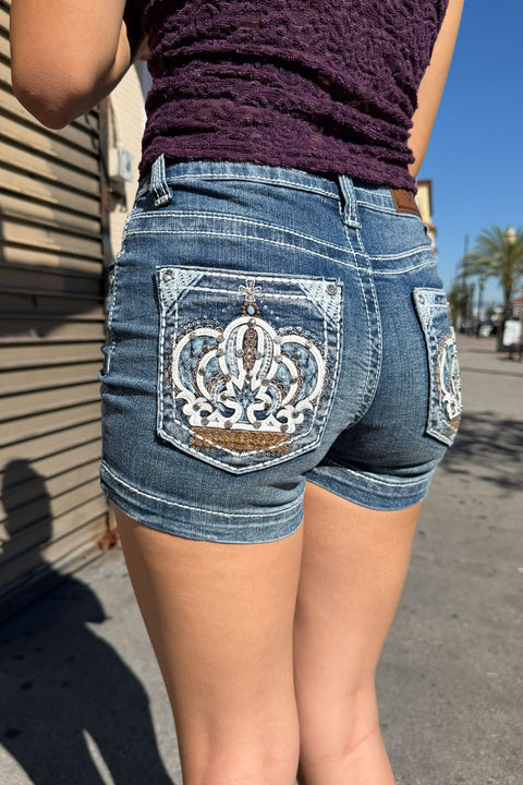 2000s Bedazzled Rhinestone Crown Denim Shorts