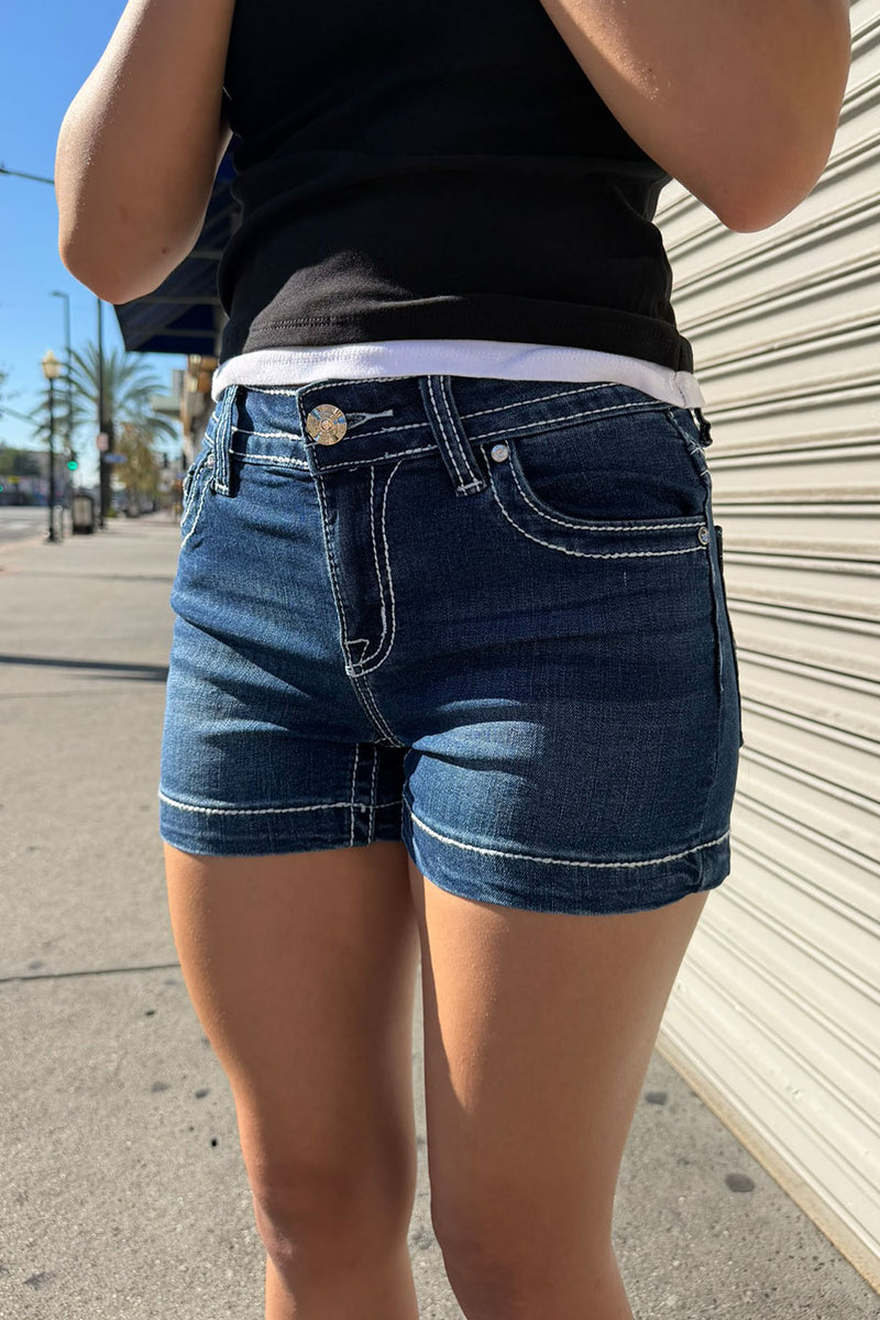 2000s Bedazzled Rhinestone Cross Dark Indigo Denim Shorts– HyperBees
