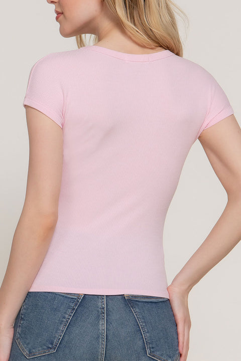 Basic Short Sleeve Crew Neck Fitted Rib Knit Top