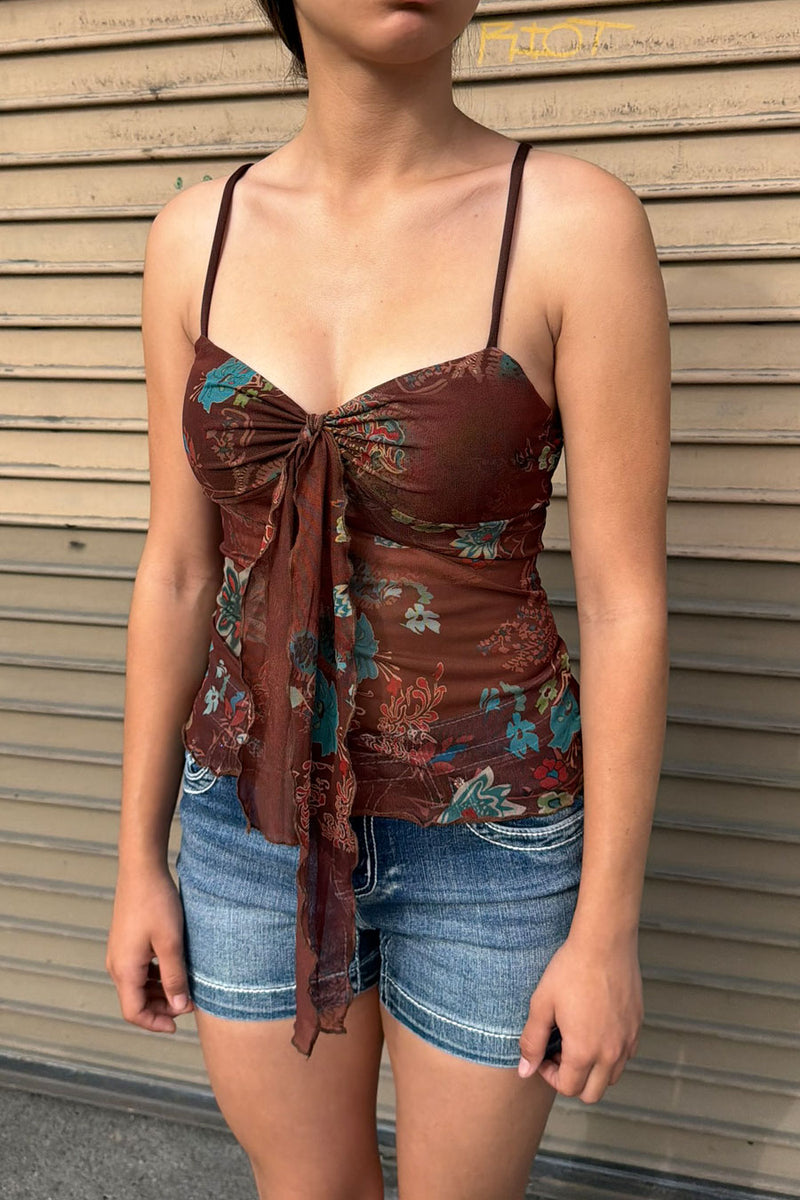 2000s Vintage Floral Mesh Print Sweetheart Neck Cami Top– HyperBees