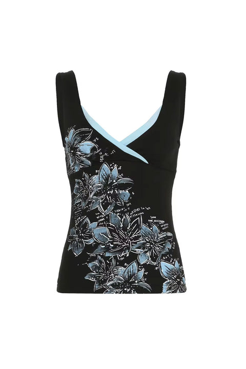 2000s Y2K Floral Print Teal/Black Contrast V-Neck Sleeveless Top
