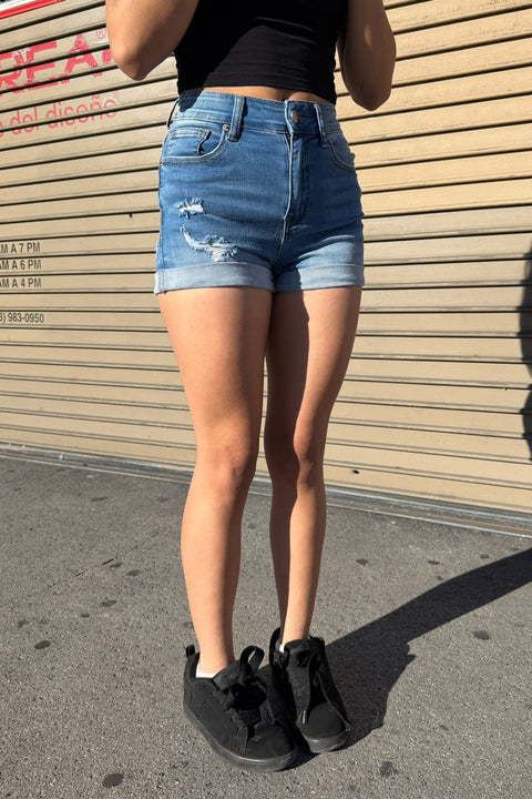 WAXJEAN Mid Rise Destroyed Denim Shorts With Great Stretch