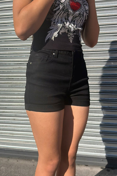 WAXJEAN Basic Black Denim Shorts With Rolled Cuff with Great Stretch