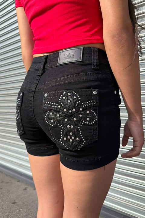 2000s Bedazzled Rhinestone Faux Pocket Gothic Cross  Black Denim Shorts