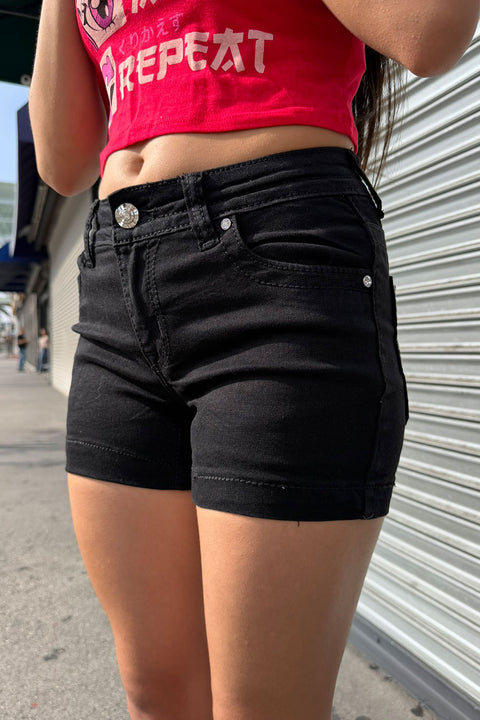 2000s Bedazzled Rhinestone Faux Pocket Gothic Cross  Black Denim Shorts