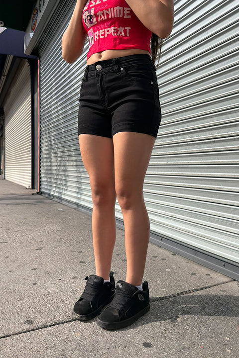 2000s Bedazzled Rhinestone Faux Pocket Gothic Cross  Black Denim Shorts