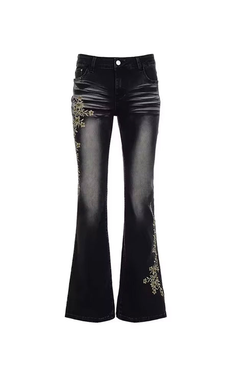 Y2K 2000s Low-Rise Floral Embroidered Black Wash Flare Boot Cut Jean with Good Stretch