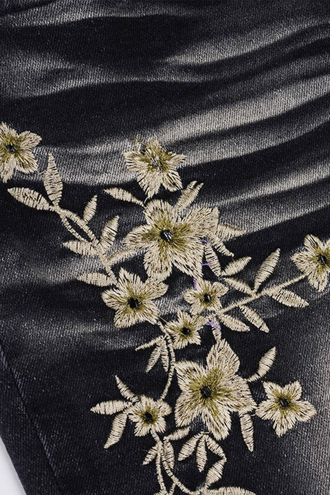Y2K 2000s Low-Rise Floral Embroidered Black Wash Flare Boot Cut Jean with Good Stretch