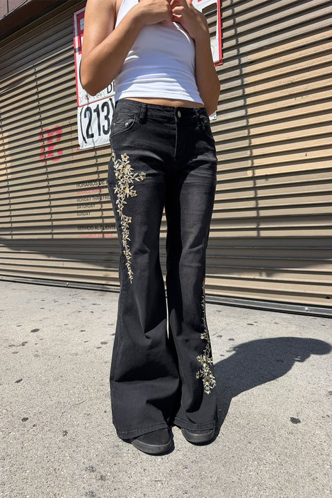 Y2K 2000s Low-Rise Floral Embroidered Black Wash Flare Boot Cut Jean with Good Stretch