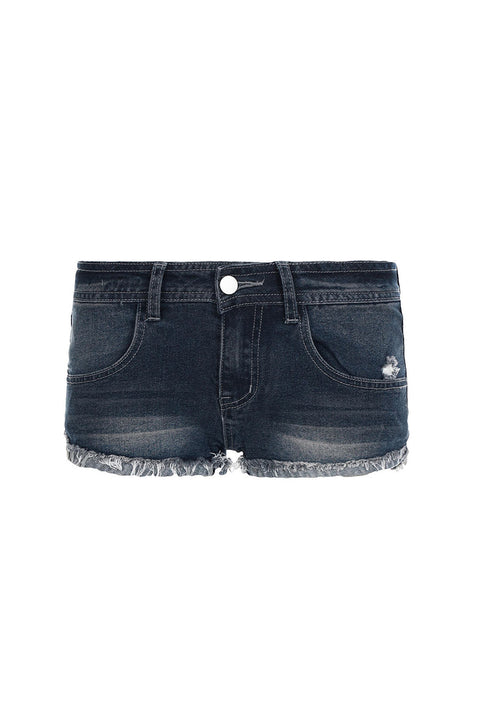 Y2K 2000s Low-Rise Distressed  Dark Wash Denim Shorts with Frayed Folded Hem