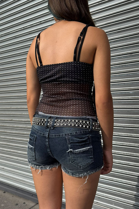 Y2K 2000s Low-Rise Distressed  Dark Wash Denim Shorts with Frayed Folded Hem