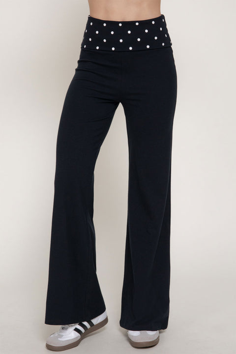 Dot Print Fold Over Waist Band Yoga Flare Pants