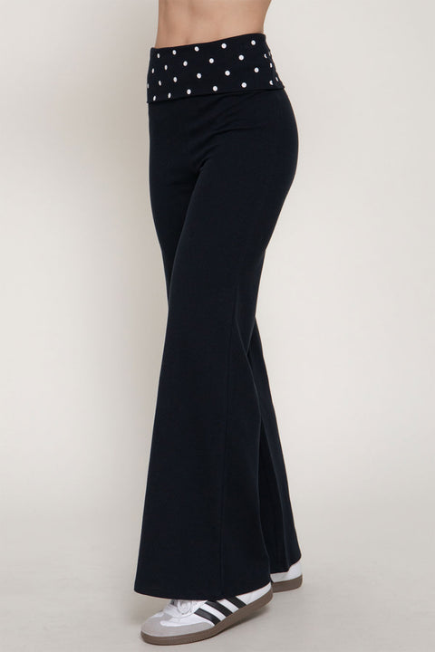Dot Print Fold Over Waist Band Yoga Flare Pants