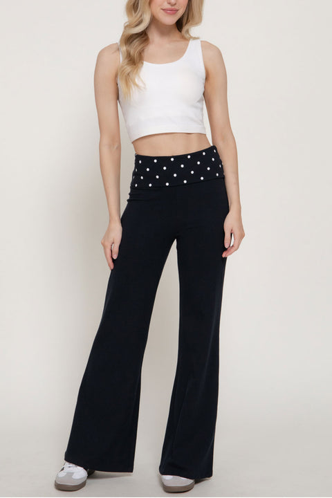 Dot Print Fold Over Waist Band Yoga Flare Pants