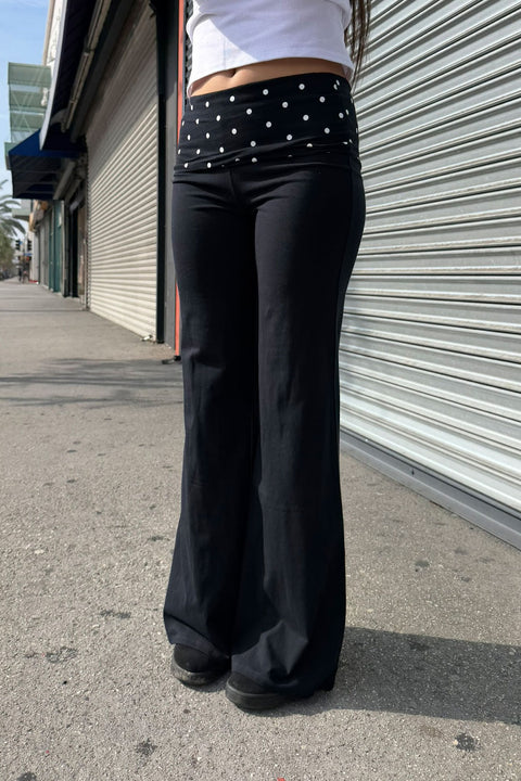 Dot Print Fold Over Waist Band Yoga Flare Pants