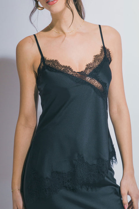 Lace Trimmed Satin Camisole Top With asymmetrical Hem