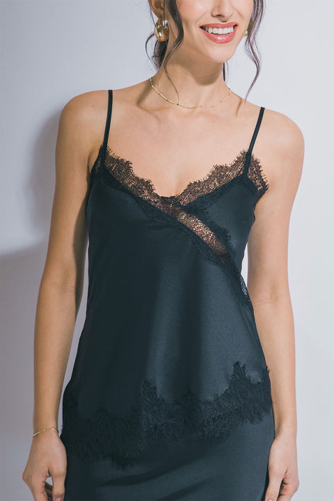 Lace Trimmed Satin Camisole Top With asymmetrical Hem