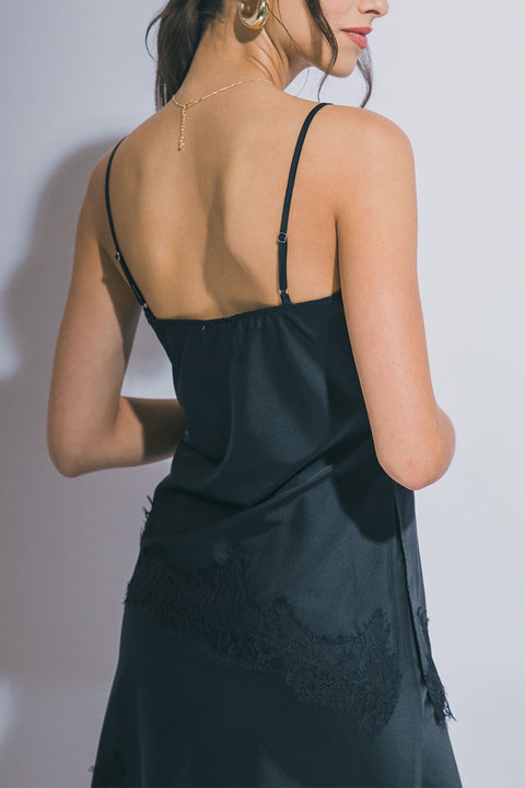 Lace Trimmed Satin Camisole Top With asymmetrical Hem