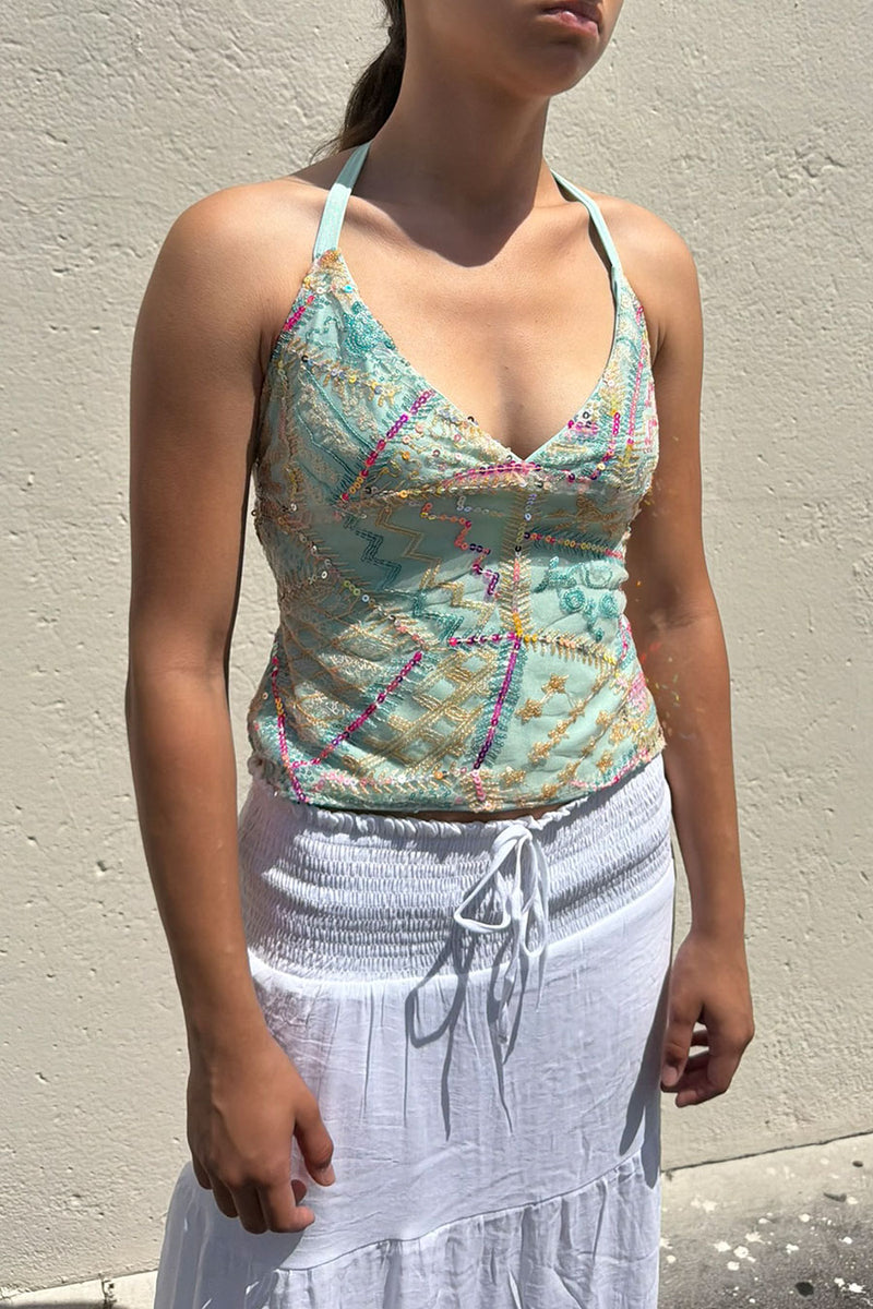 Hyperbees Tops Y2K Vintage Boho Style Sequin V-Neck Top with Tie Back– HyperBees