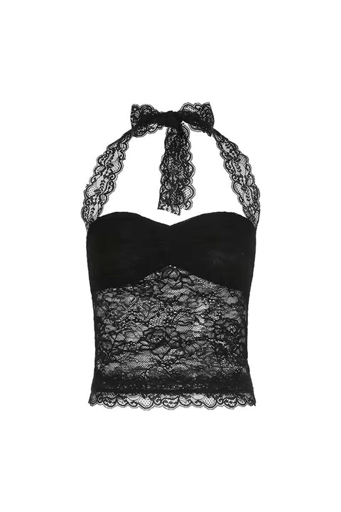 Romantic Goth Scalloped Lace Square Neck Halter Top